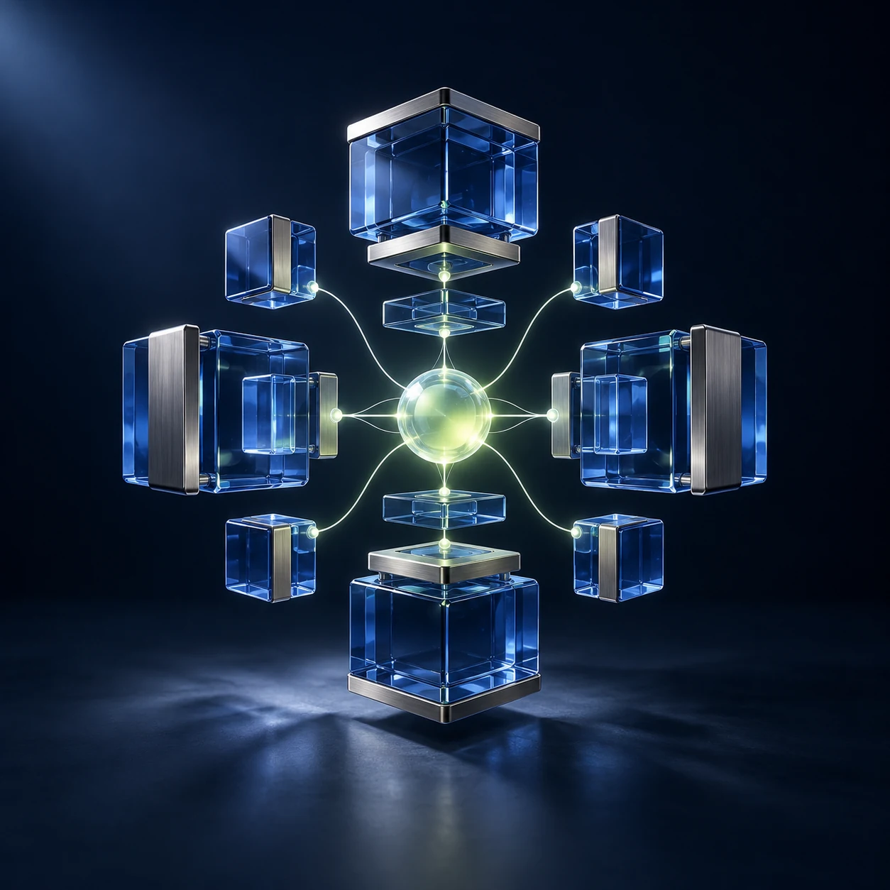 An abstract structure of blue glass memory blocks around a luminous sphere